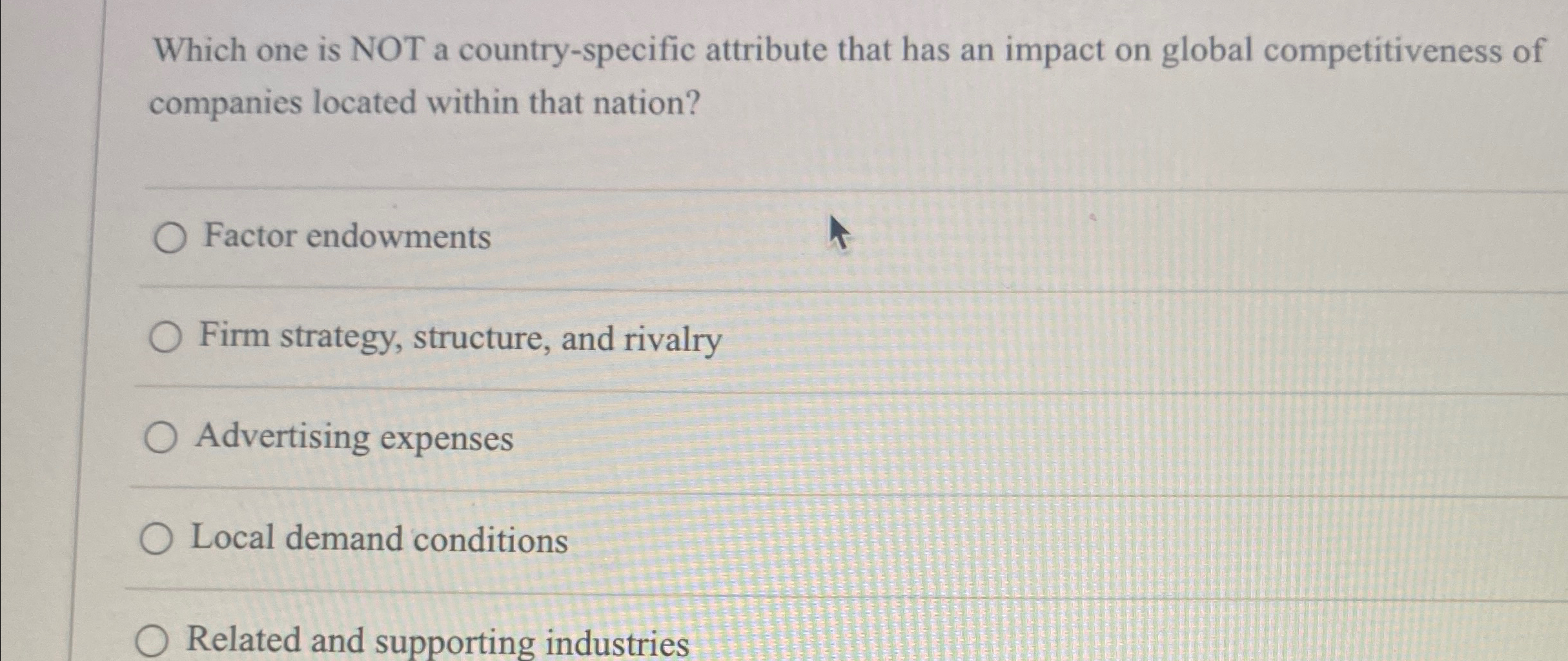  Which one is NOT a country-specific attribute that has an impact