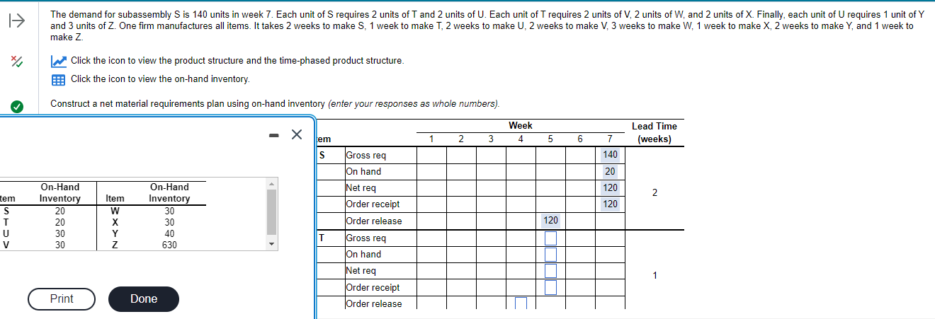  The demand for subassembly S is 140 units in week 7.