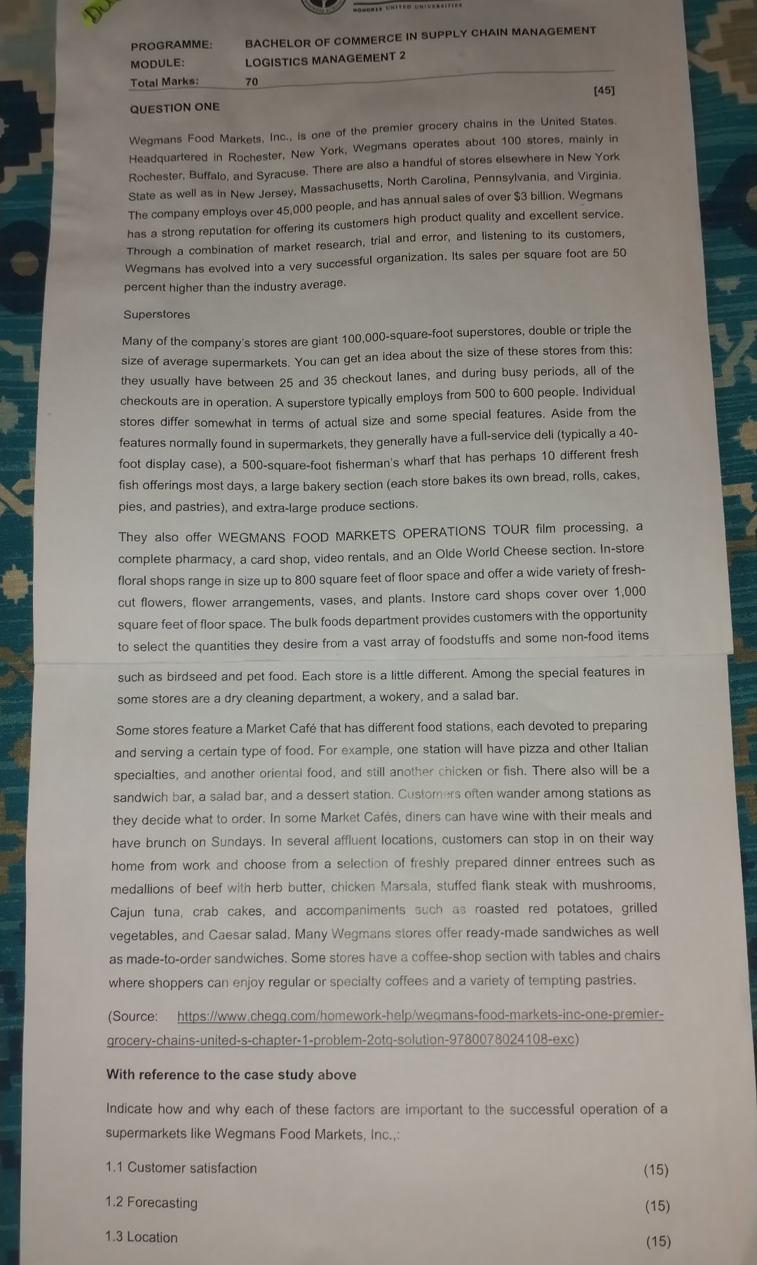  PROGRAMME: MODULE: Total Marks: QUESTION ONE BACHELOR OF COMMERCE IN SUPPLY