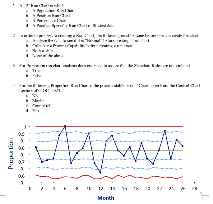 1. A "P" Run Chart is which: a. A Population Run
