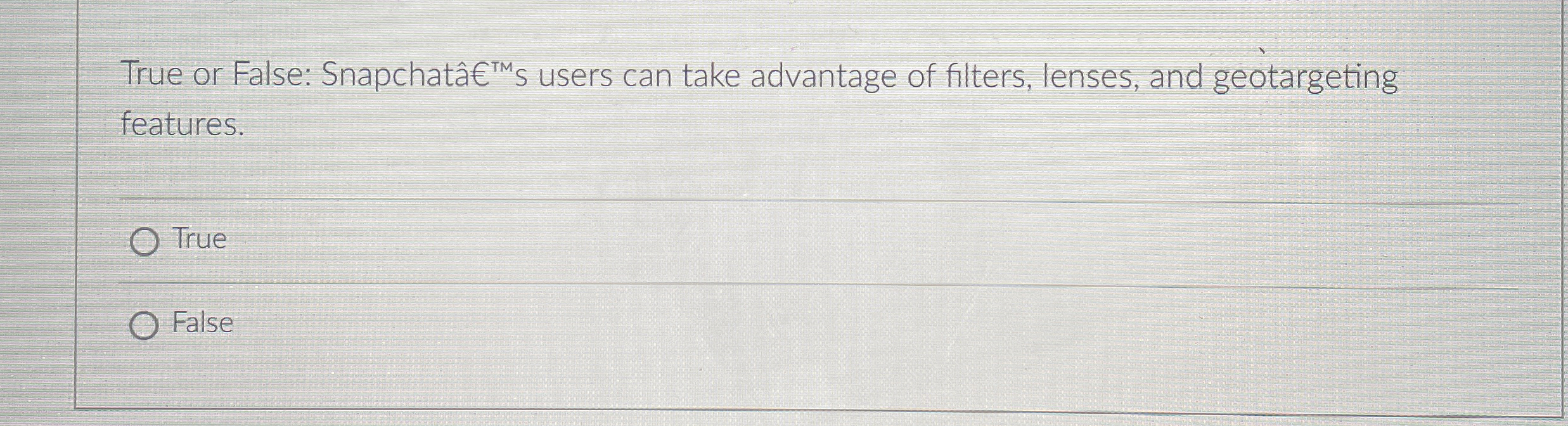  True or False: SnapchatTM s users can take advantage of filters,
