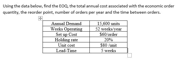 Using the data below, find the EOQ, the total annual cost