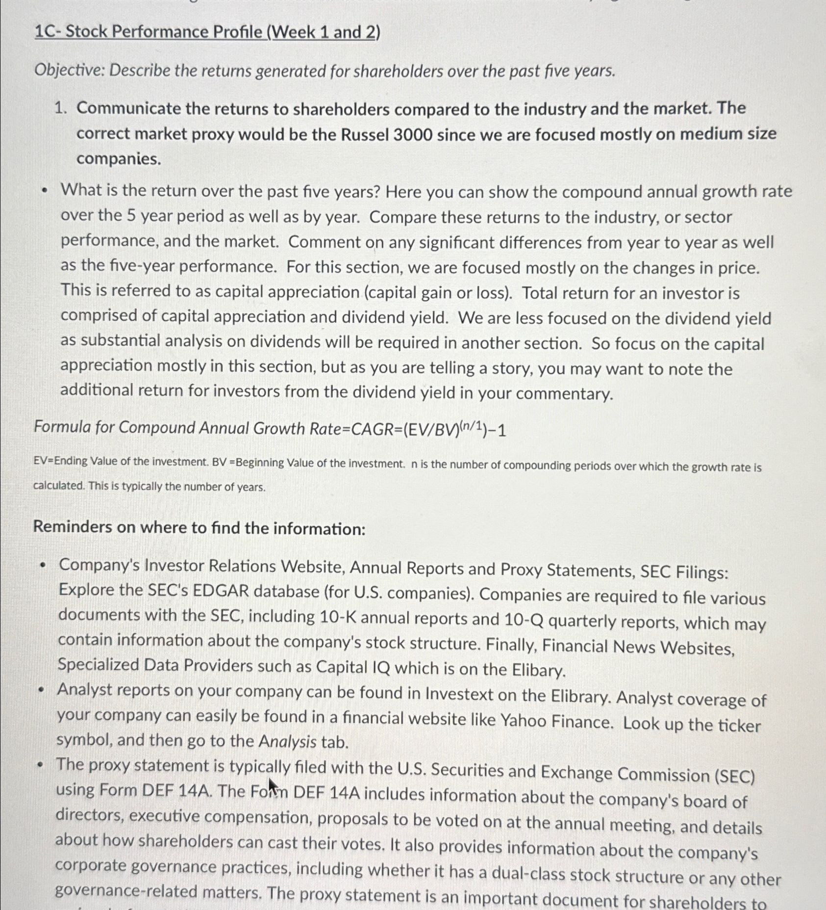  1C-Stock Performance Profile (Week 1 and 2) Objective: Describe the returns