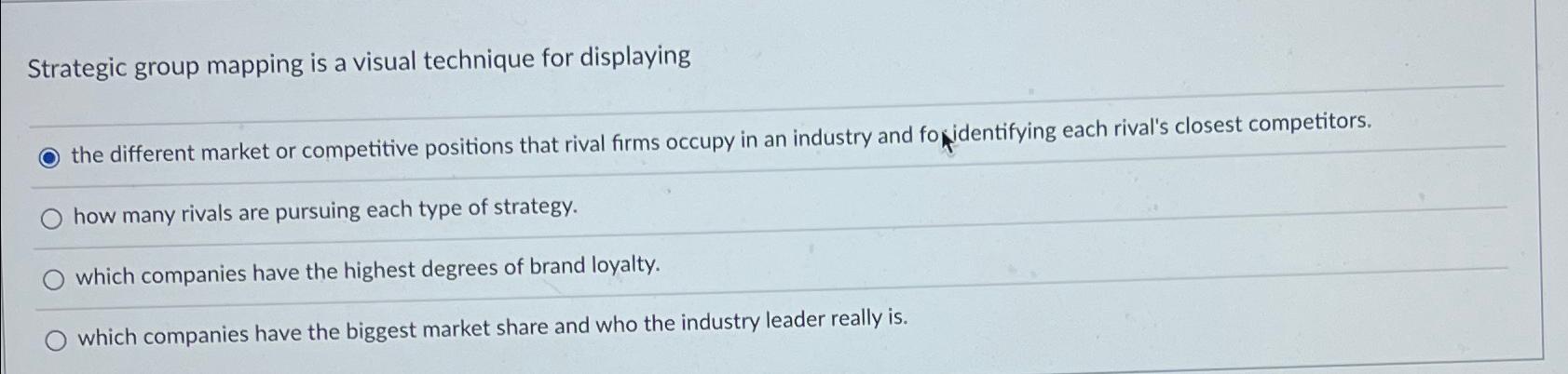  Strategic group mapping is a visual technique for displaying the different