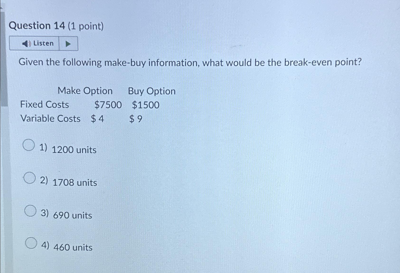  Question 14(1 point) Listen Given the following make-buy information, what would