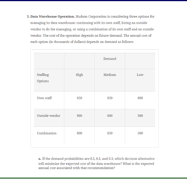  Data Warehouse Operation. Hudson Corporation is considering three options for managing