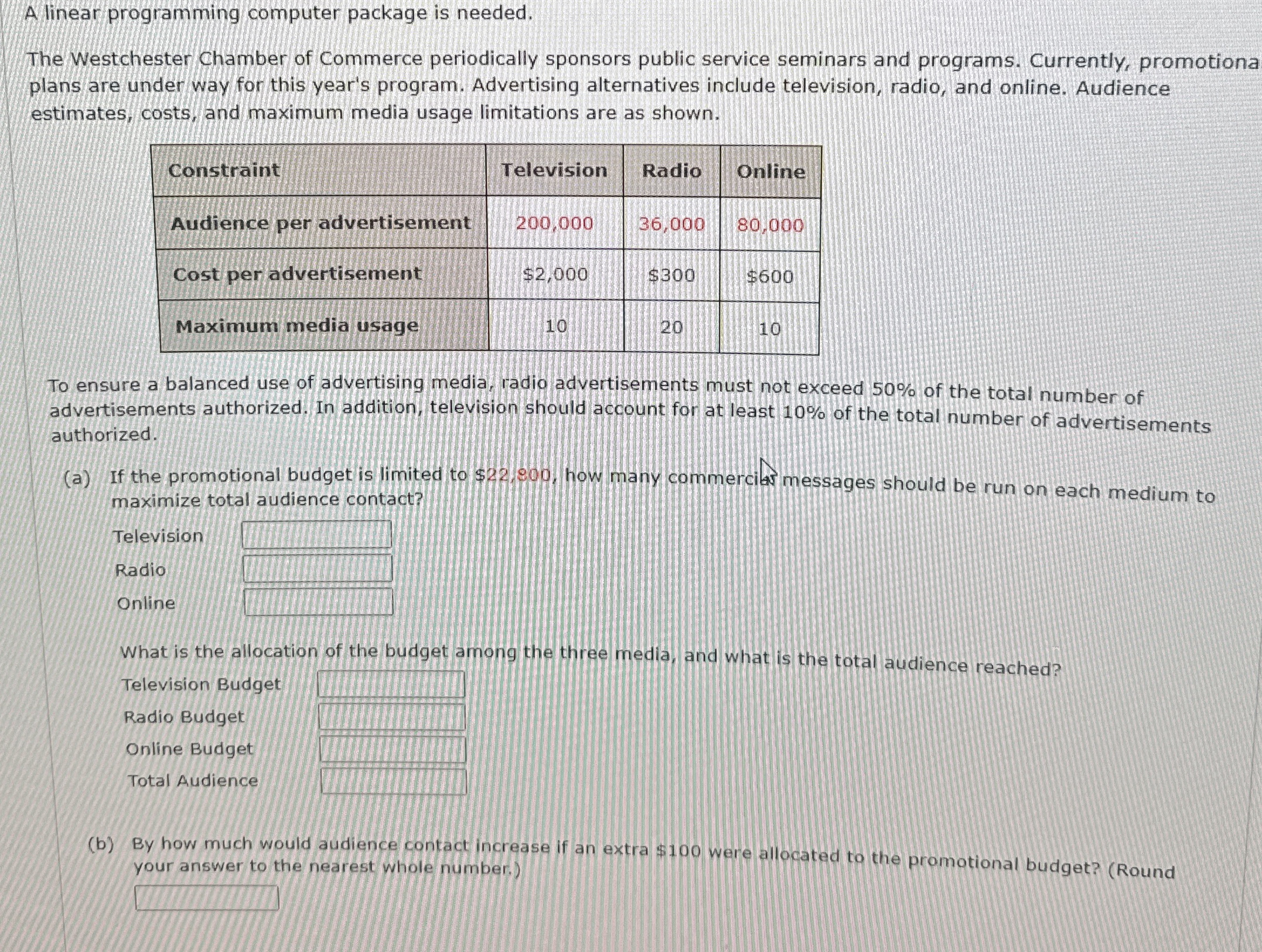  A linear programming computer package is needed. The westchester Chamber of