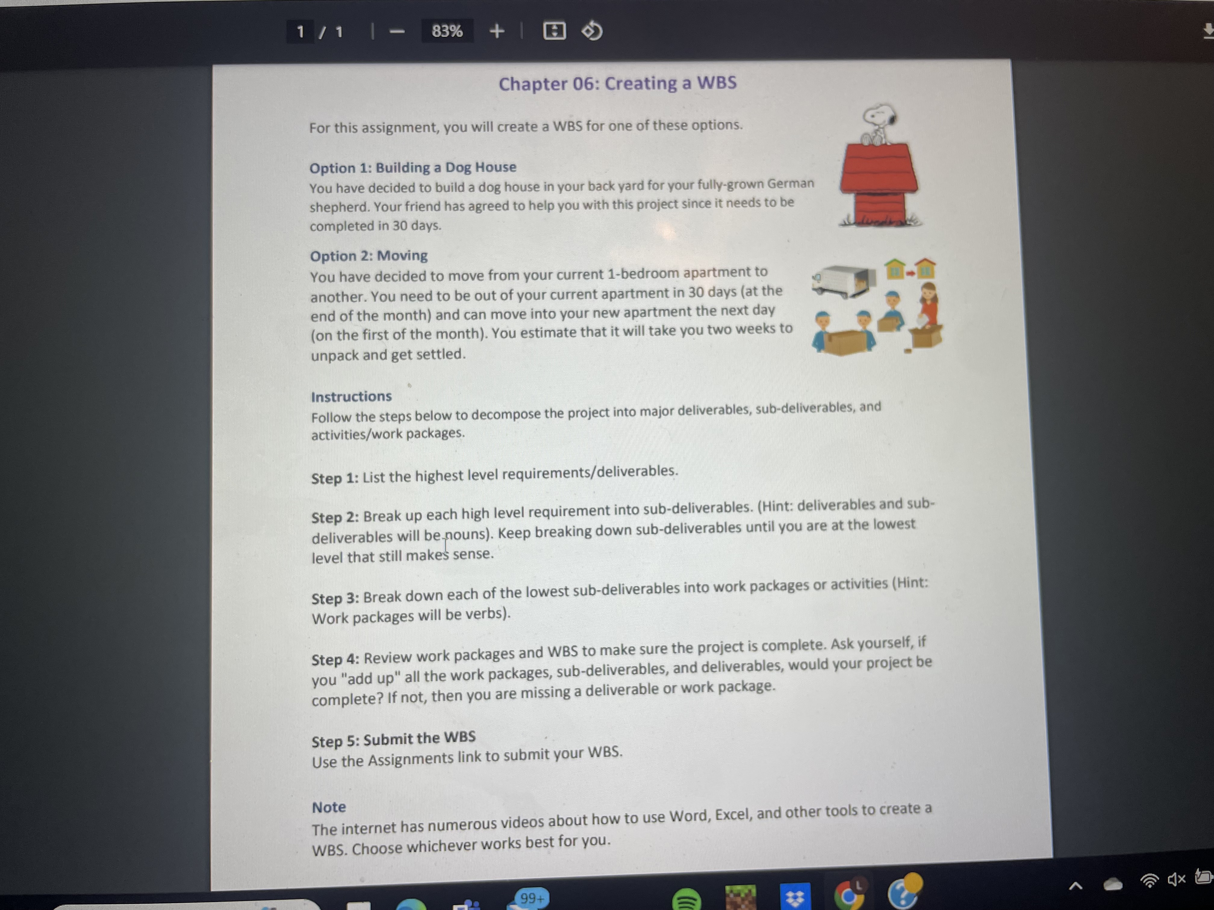  Chapter 06: Creating a WBS For this assignment, you will create