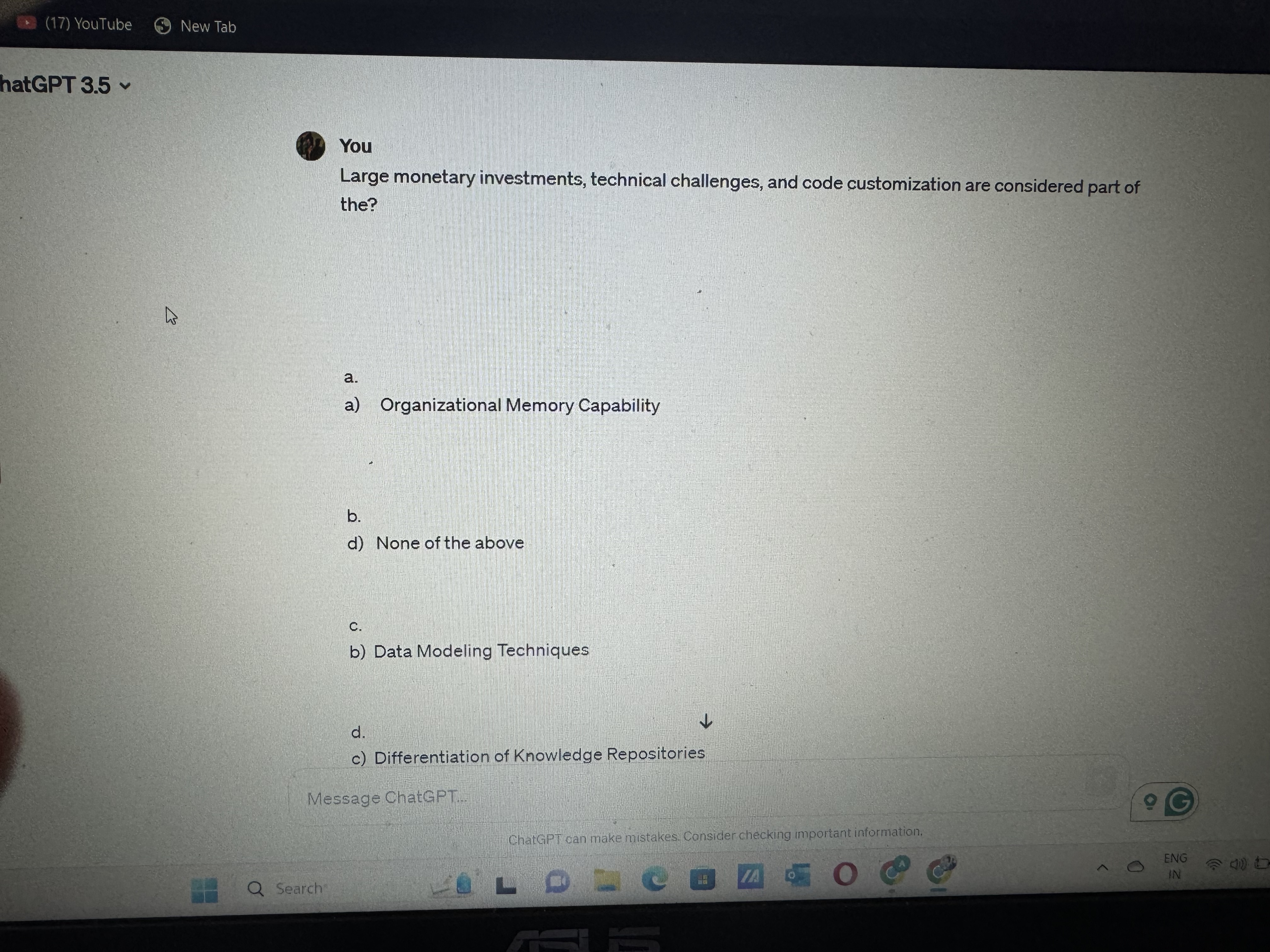  (17) YouTube New Tab hatGPT 3.5 You Large monetary investments, technical