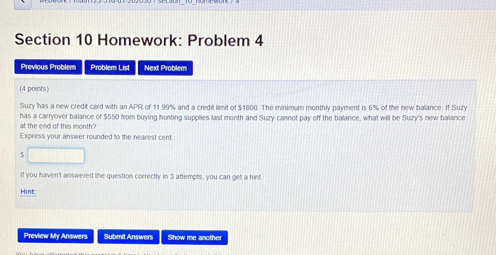 problem 4 help Section 10 Homework: Problem 4 Previous Problem Problem List