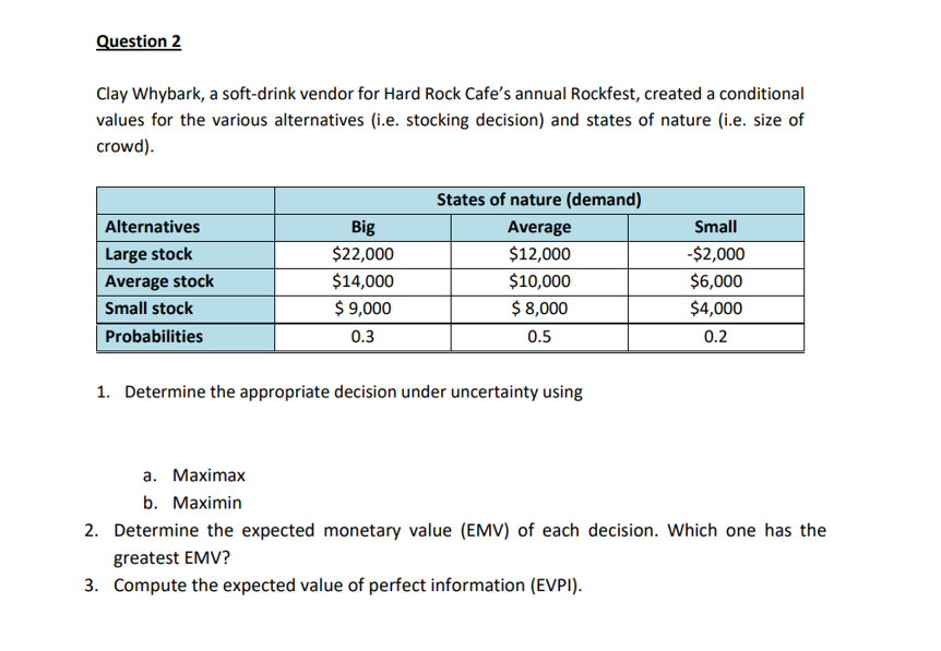  Question 2 Clay Whybark, a soft-drink vendor for Hard Rock Cafe's
