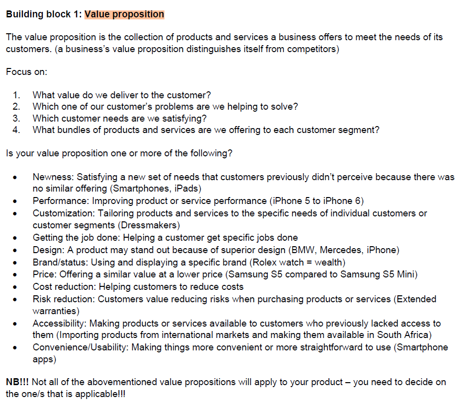  Building block 1: Value proposition The value proposition is the collection