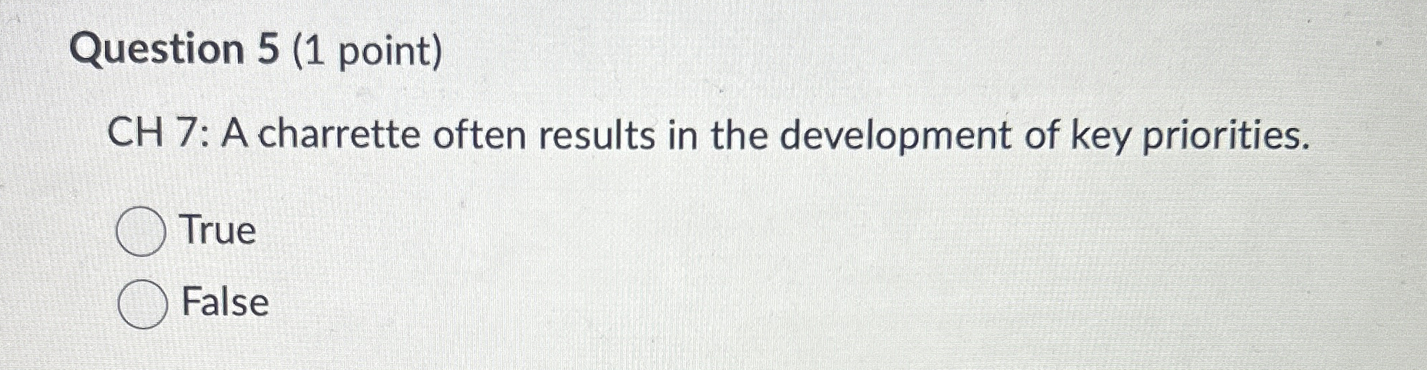  Question 5(1 point) CH 7 : A charrette often results in