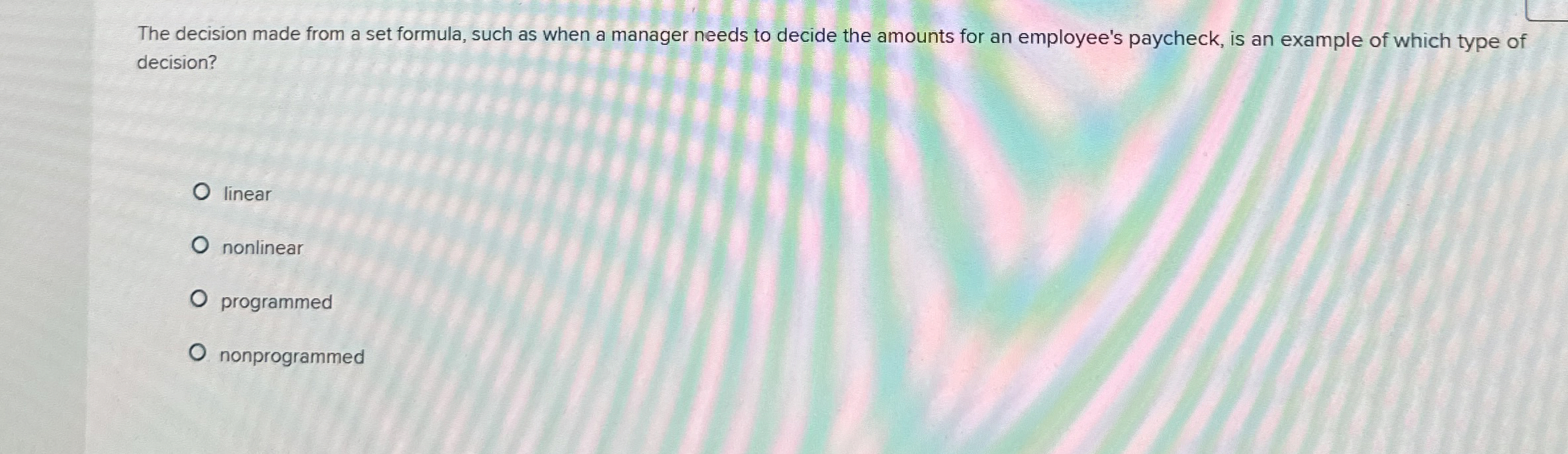  The decision made from a set formula, such as when a