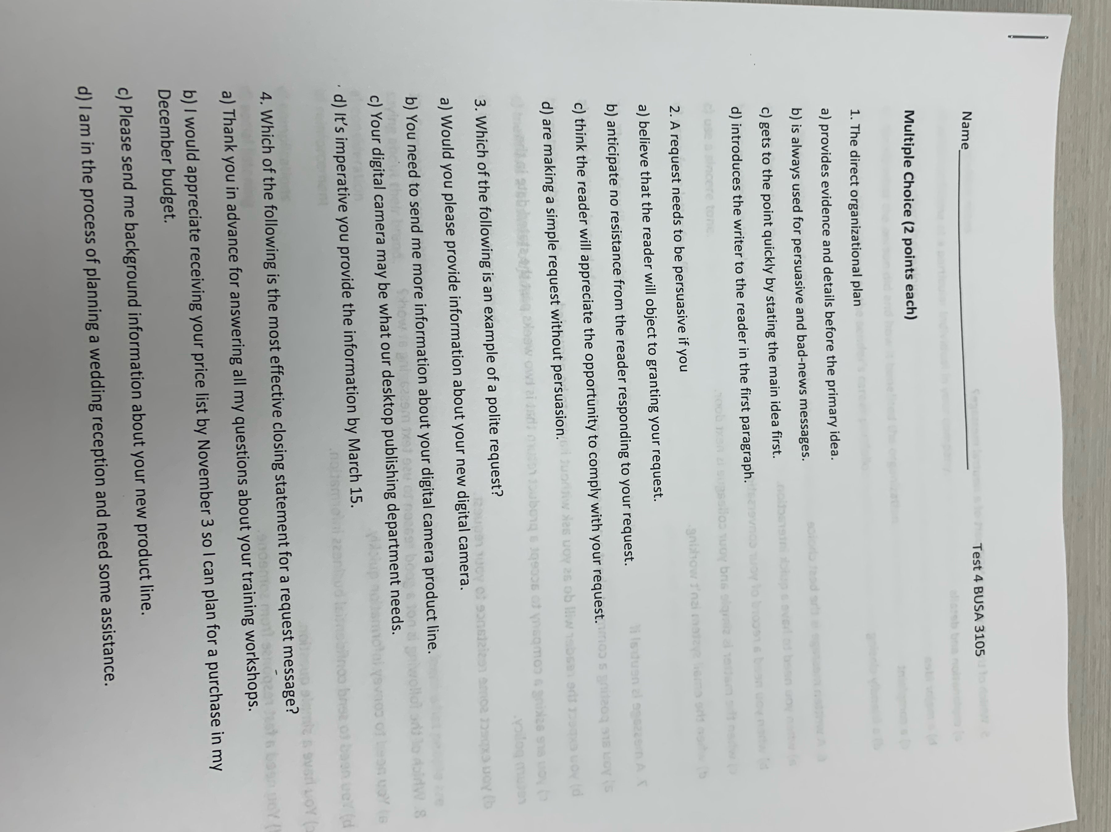  Name q, Test 4 BUSA 3105 Multiple Choice (2 points each)