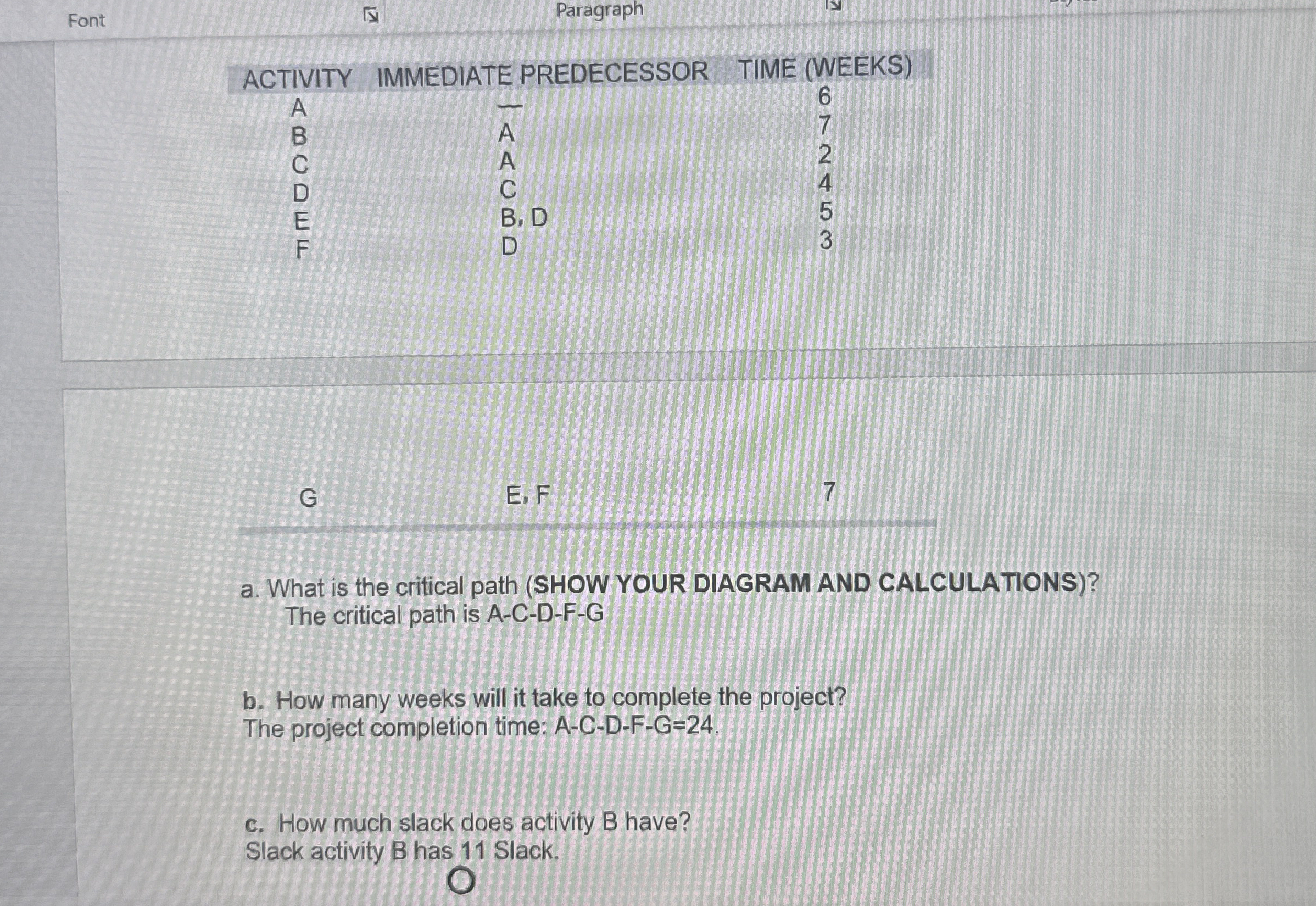  ACTIVITY IMMEDIATE PREDECESSOR TIME (WEEKS) G E,F 7 a. What is