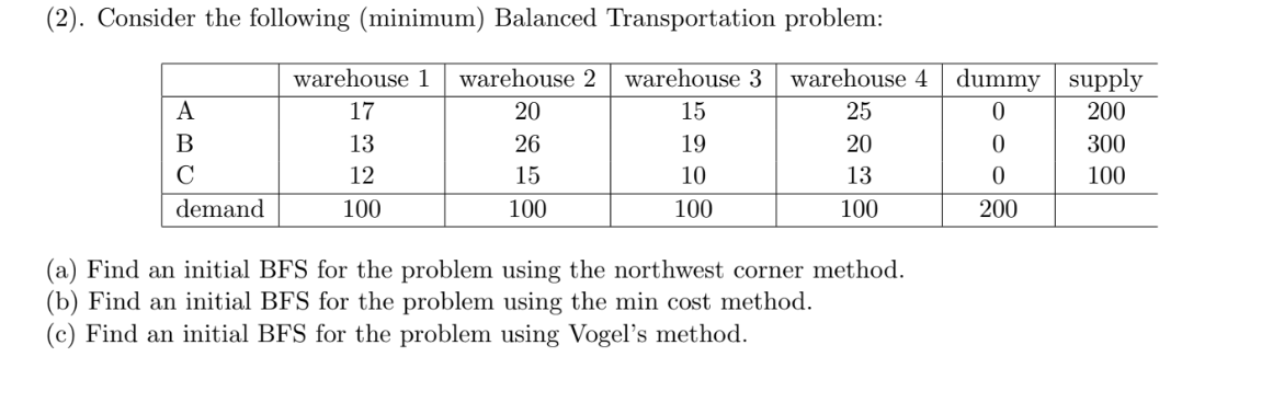  (2). Consider the following (minimum) Balanced Transportation problem: (a) Find an