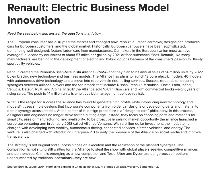 please answer !! Renault: Electric Business Model Inovation Read the case below