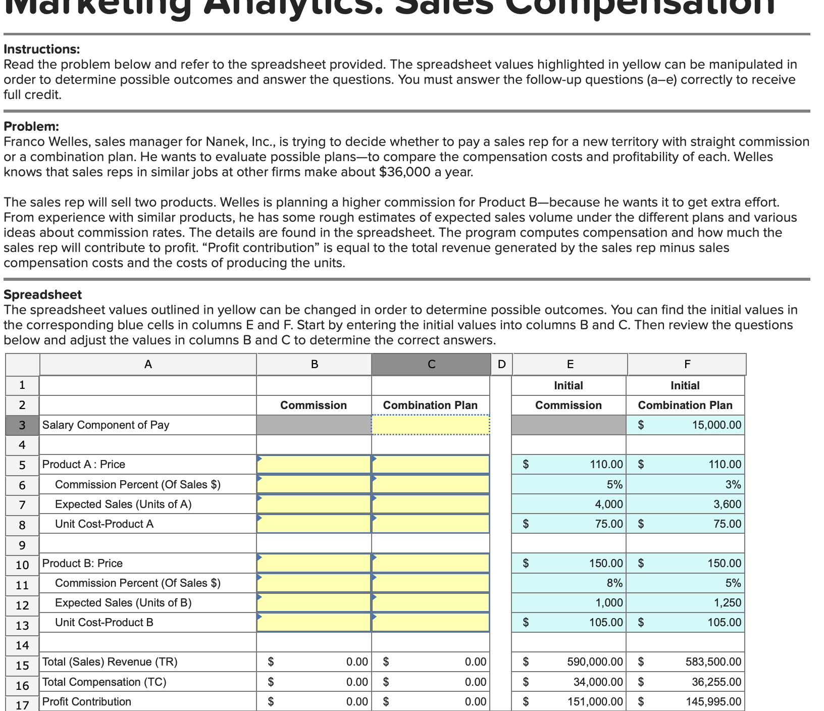  Instructions: Read the problem below and refer to the spreadsheet provided.