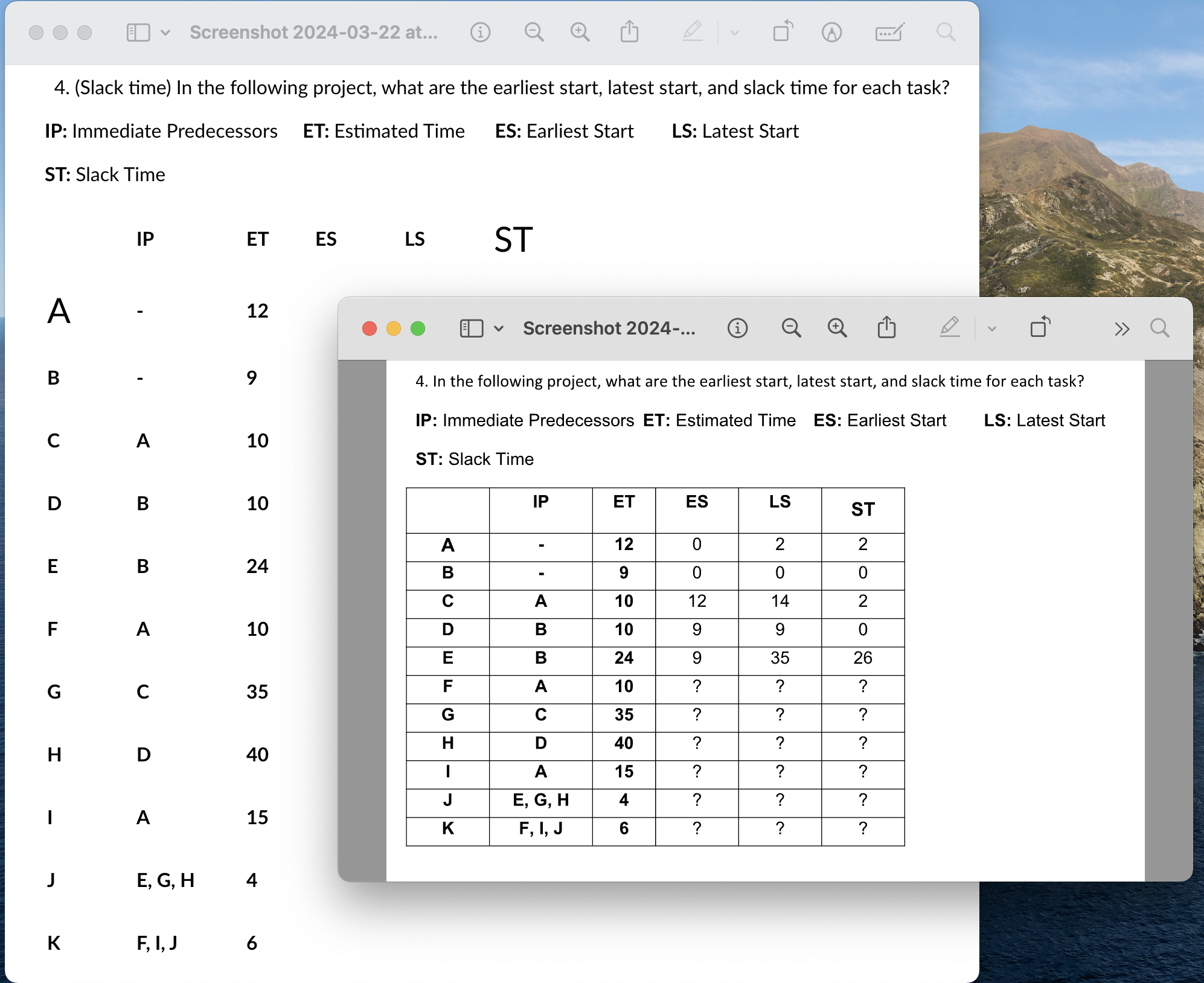  Screenshot 2024-03-22 at... (i) (4) 4.(Slack time) In the following project,