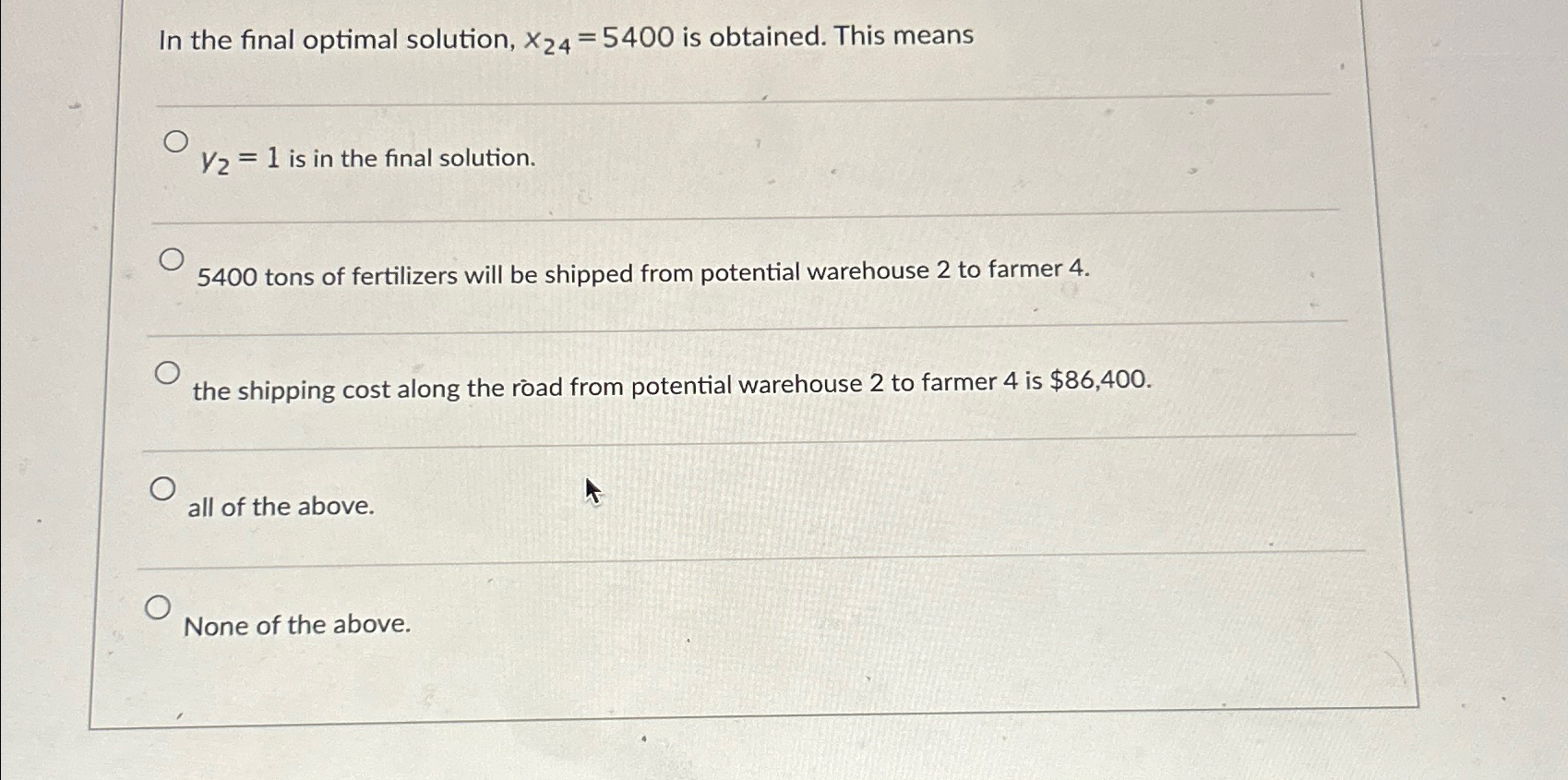  In the final optimal solution, x24=5400 is obtained. This means y2=1