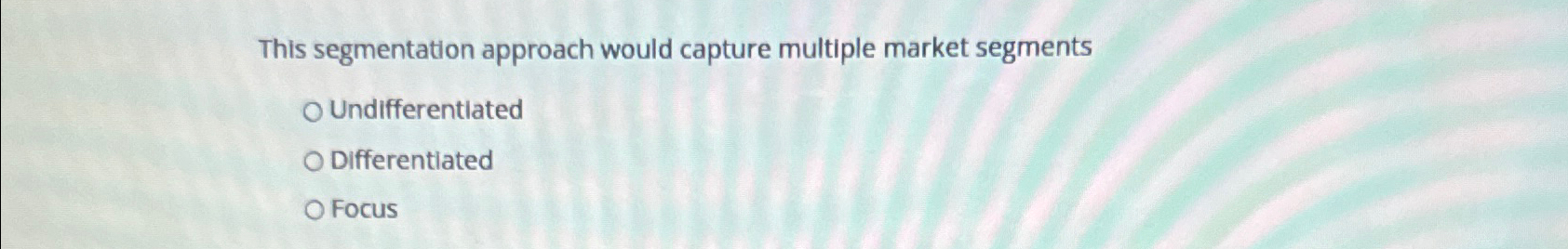  This segmentation approach would capture multiple market segments Undifferentiated Differentiated Focus