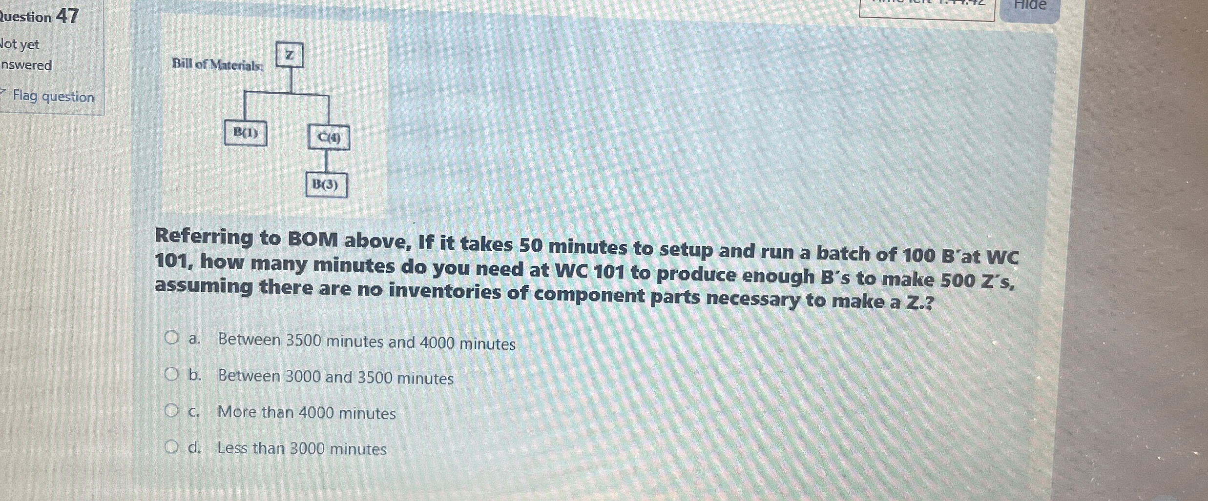  Beginning inventory =200 units Ending inventory =200 units \table[[Sales forecast:,1,2,3,4,5],[Quantity,200,300,200,400,300]] Using