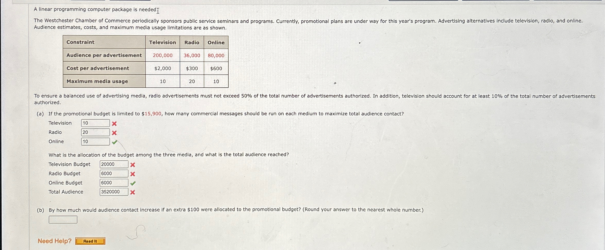  A linear programming computer package is needed { Audience estimates, costs,
