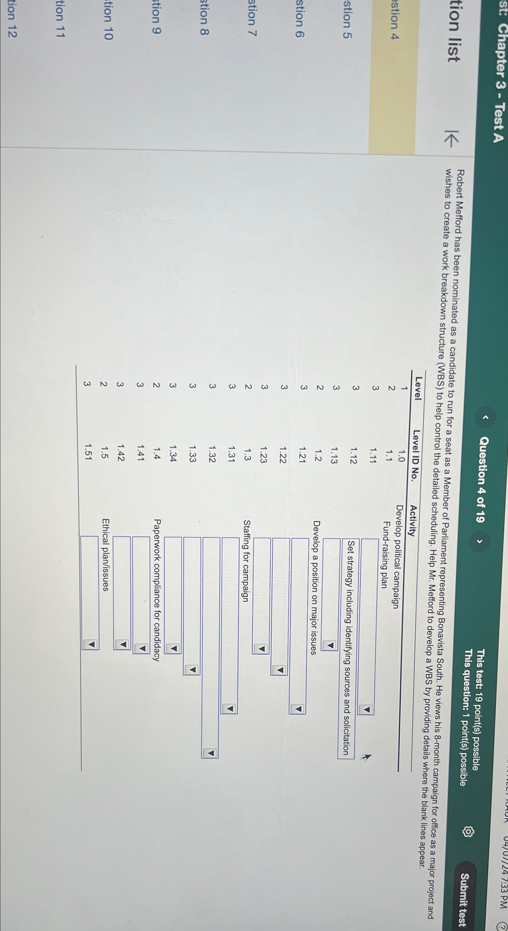  st: Chapter 3- Test A This test: 19 point(s) possible This