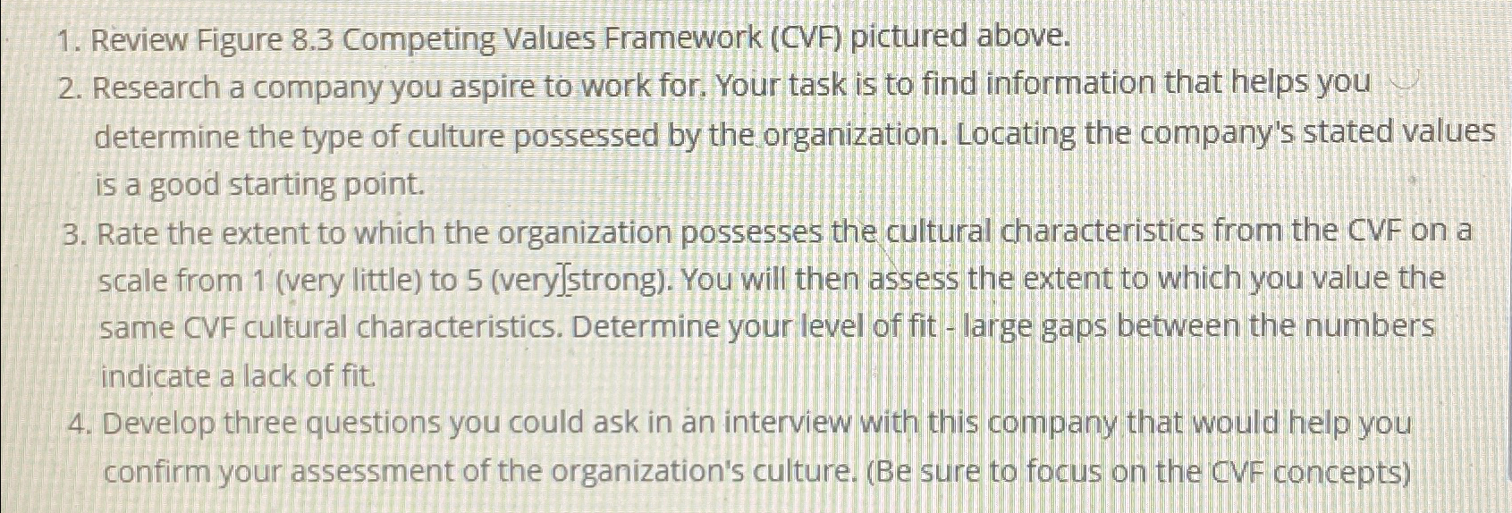  Review Figure 8.3 Competing Values Framework (CVF) pictured above. Research a
