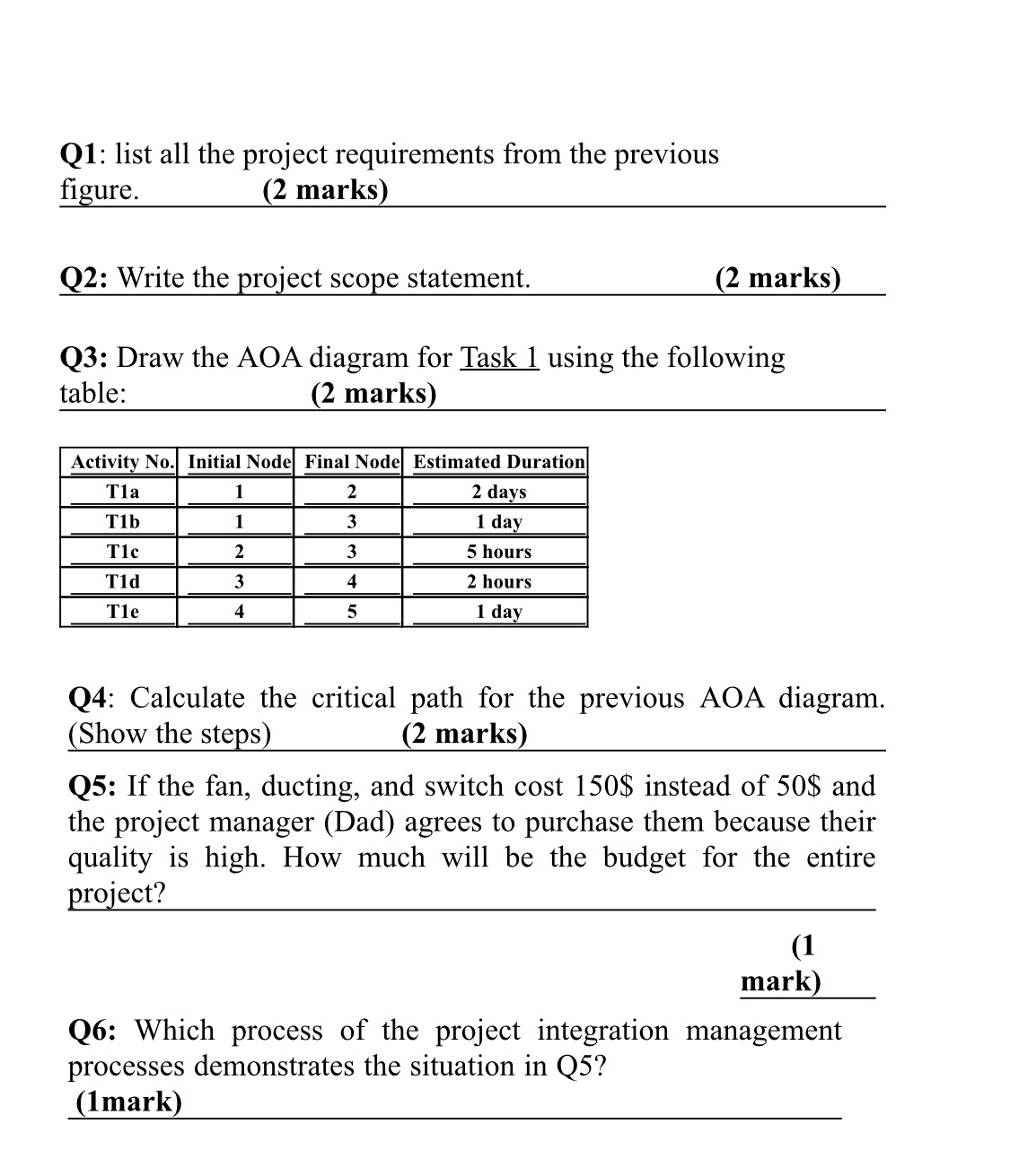  Q1: list all the project requirements from the previous figure. (2