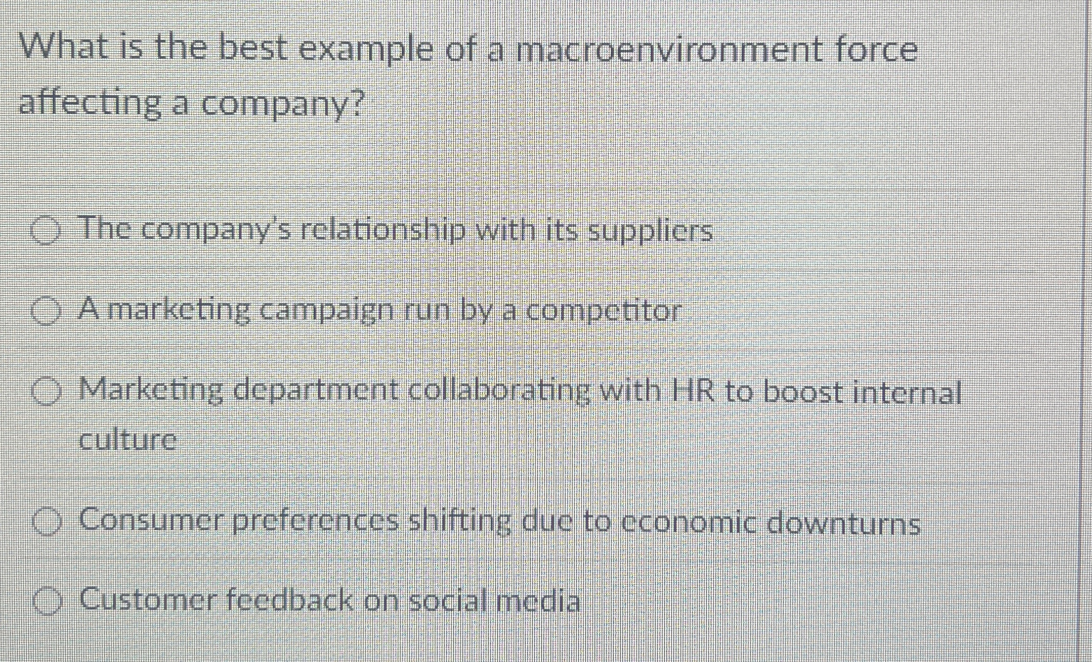  What is the best example of a macroenvironment force affecting a