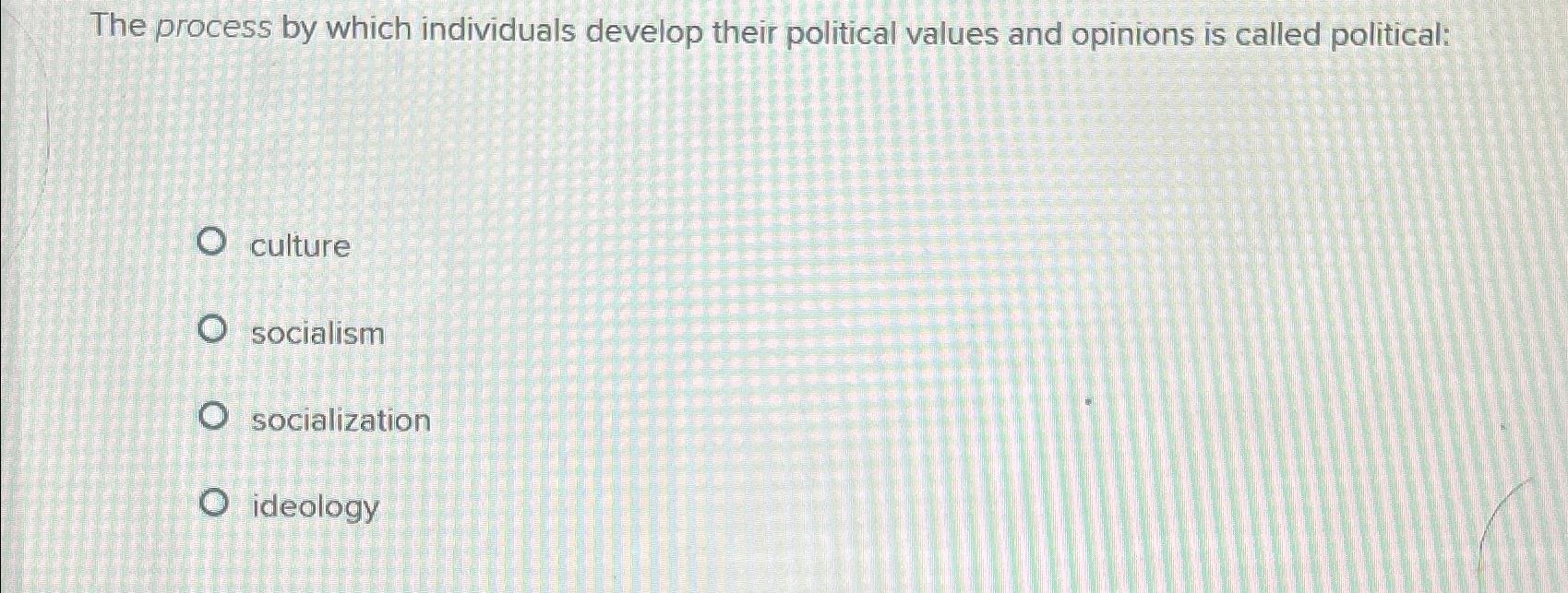  The process by which individuals develop their political values and opinions