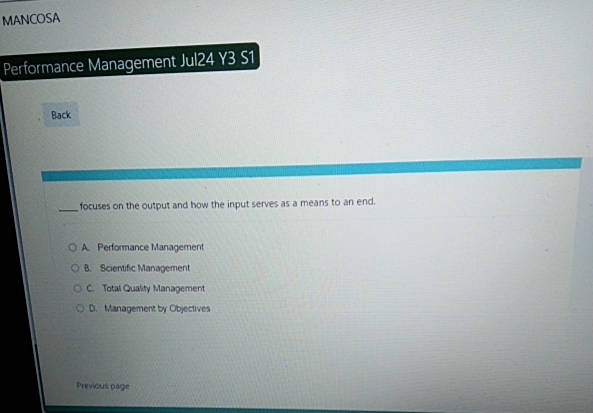  MANCOSA Performance Management Jul24 Y3 S1 focuses on the output and