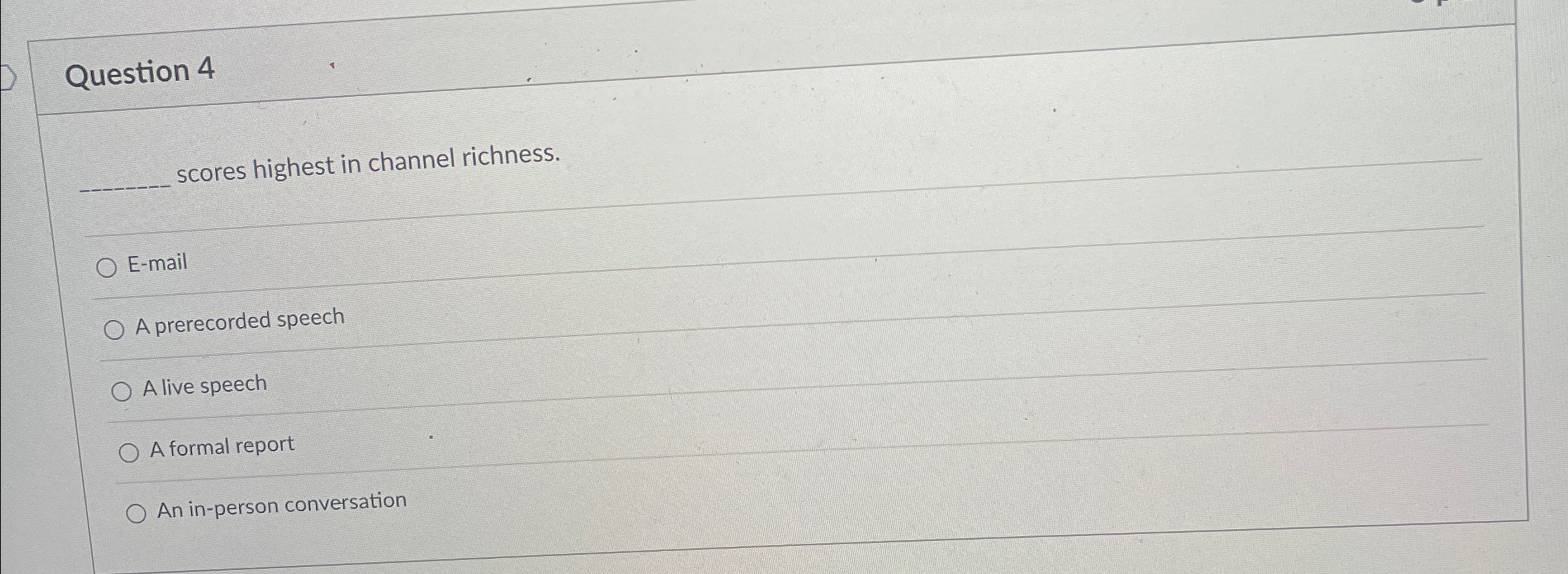  Question 4 q, scores highest in channel richness. E-mail A prerecorded