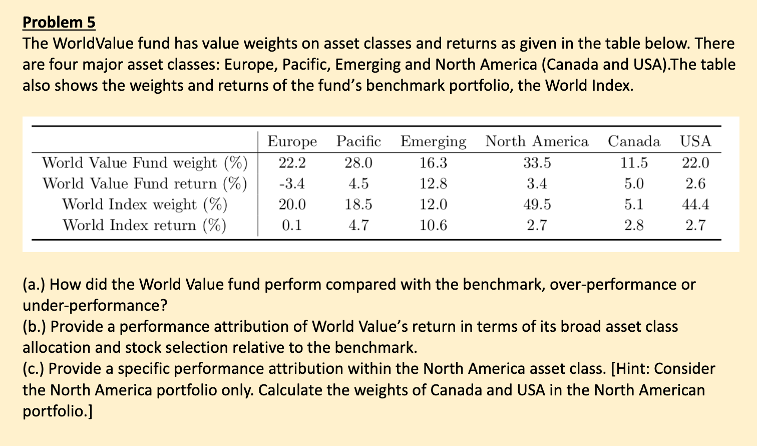  Problem 5 The WorldValue fund has value weights on asset classes