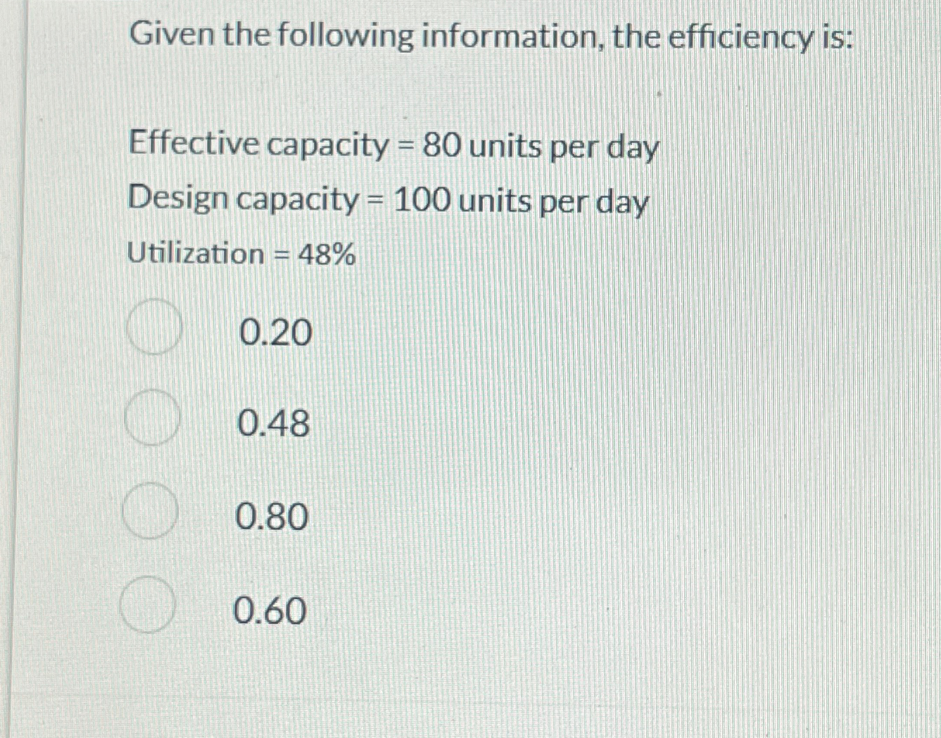  Given the following information, the efficiency is: Effective capacity =80 units