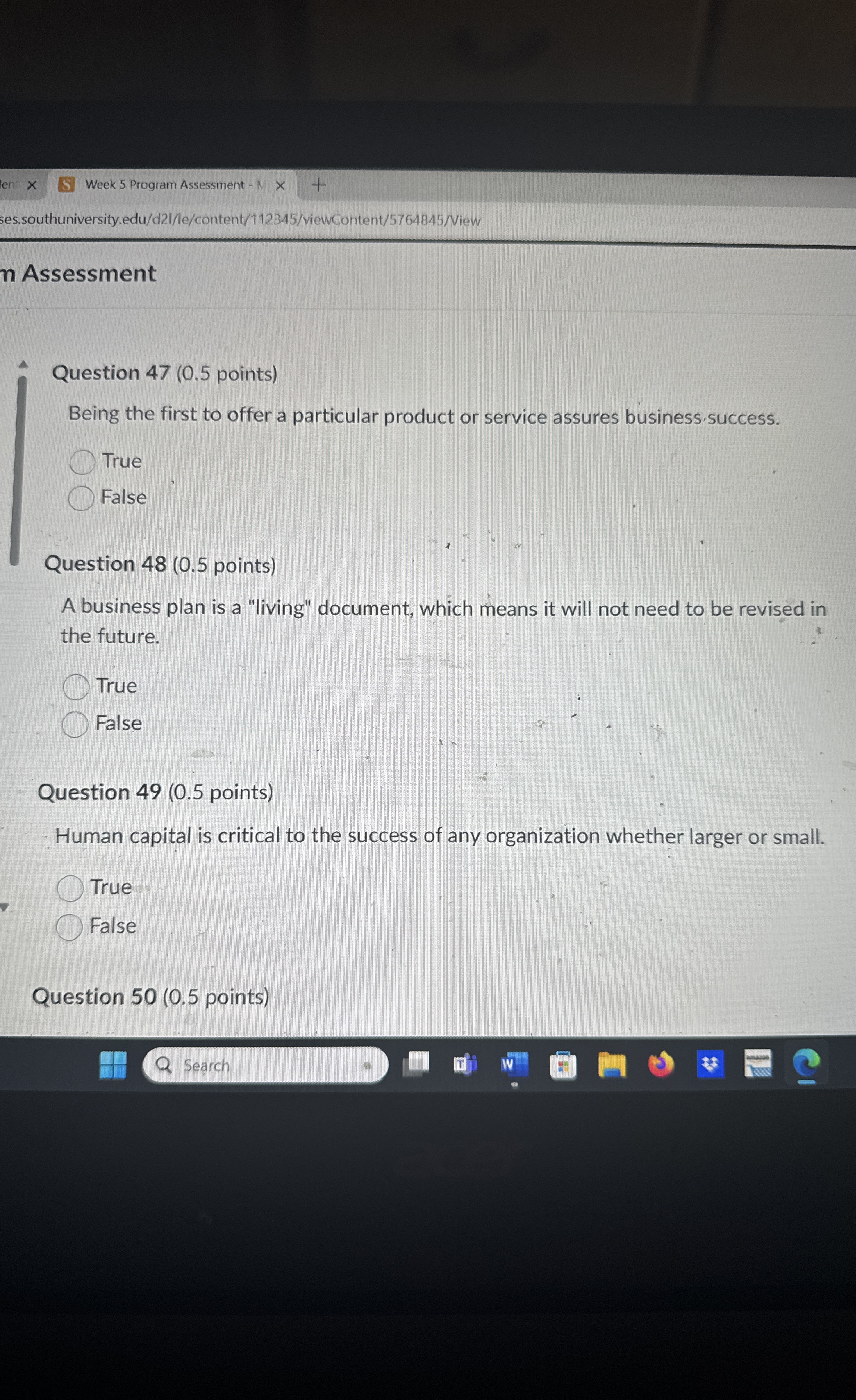  Week 5 Program Assessment -1 ses.southuniversity.edu/d21/le/content/112345/viewContent/5764845/View n Assessment Question 47(0.5 points)