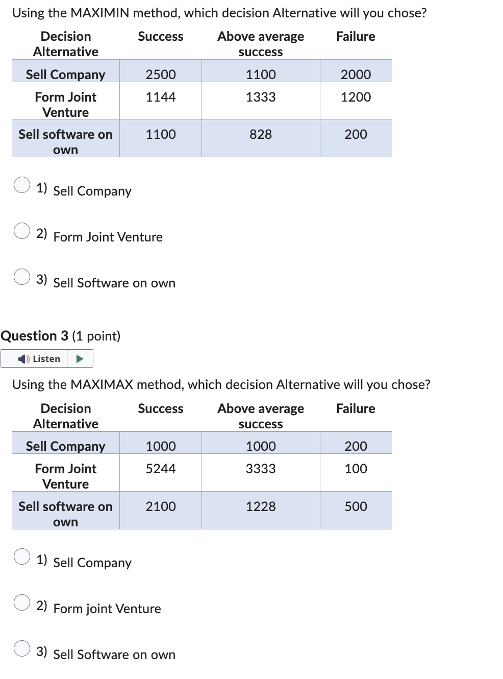Using the MAXIMIN method, which decision Alternative will you chose? 1)