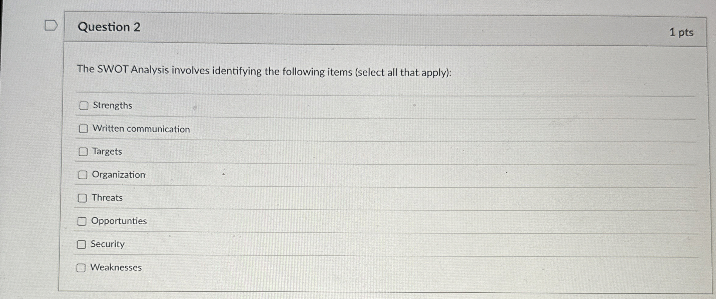  Question 2 The SWOT Analysis involves identifying the following items (select