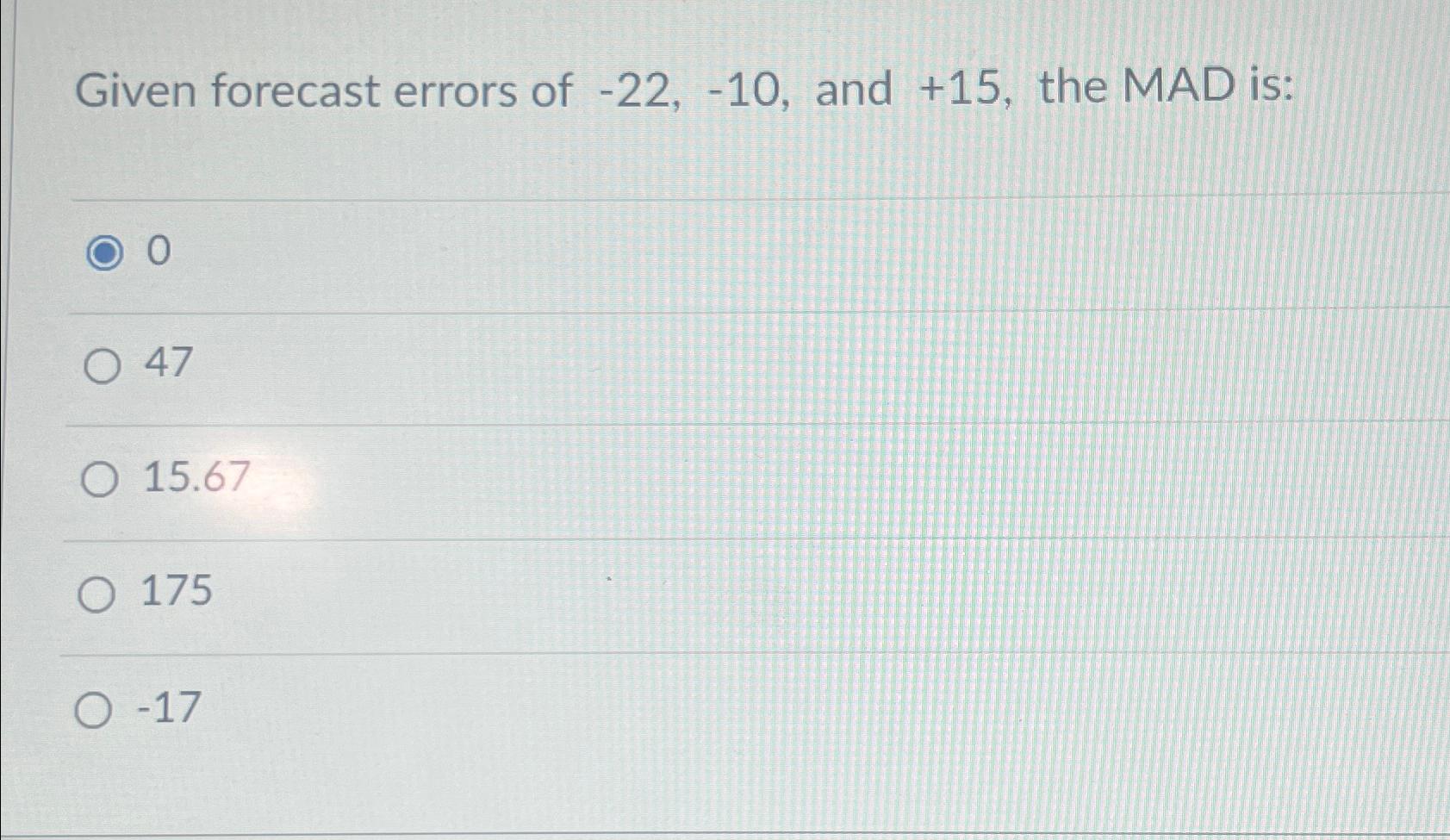  Given forecast errors of -22,-10, and +15, the MAD is: 0
