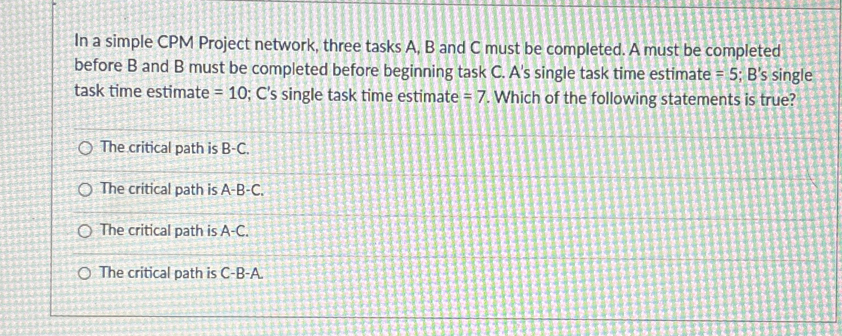  In a simple CPM Project network, three tasks A, B and