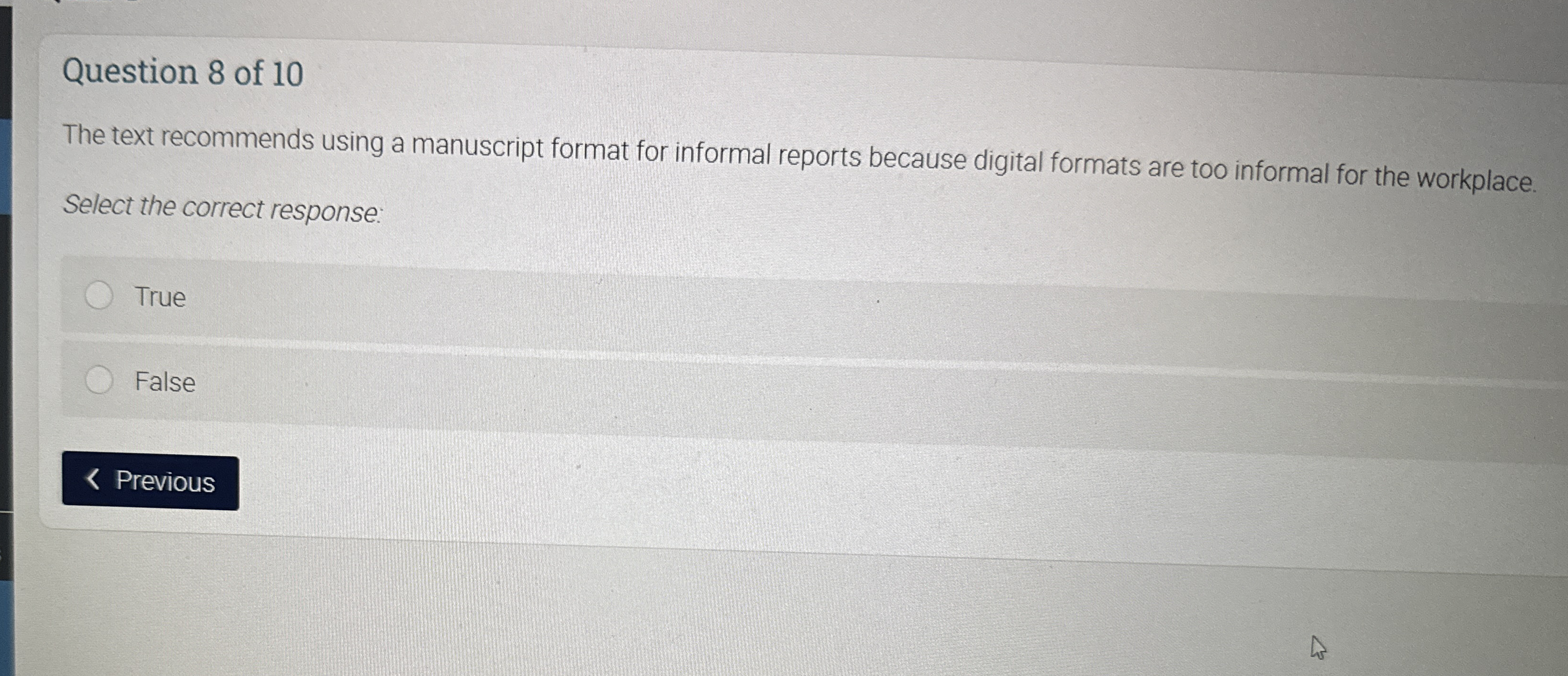  Question 8 of 10 The text recommends using a manuscript format