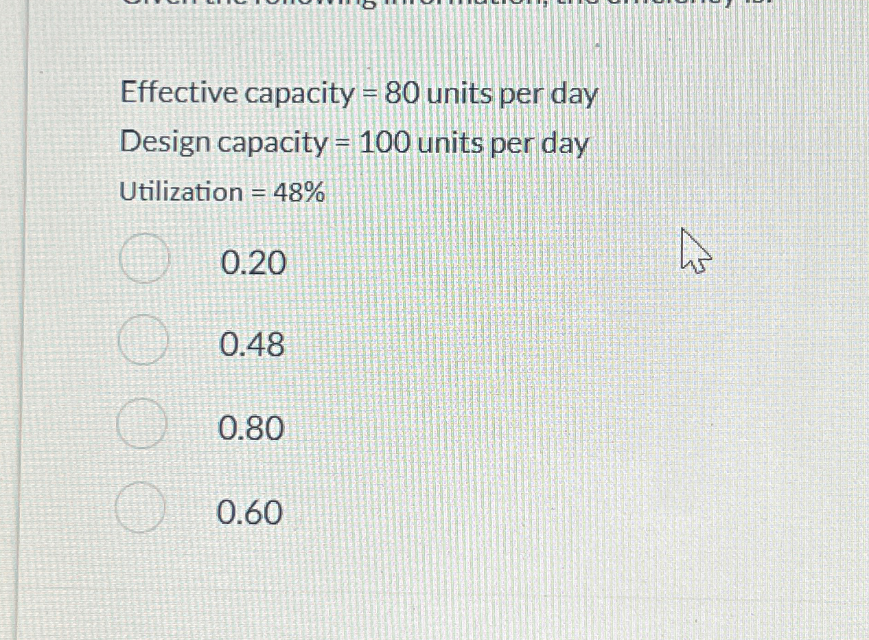  Effective capacity =80 units per day Design capacity =100 units per