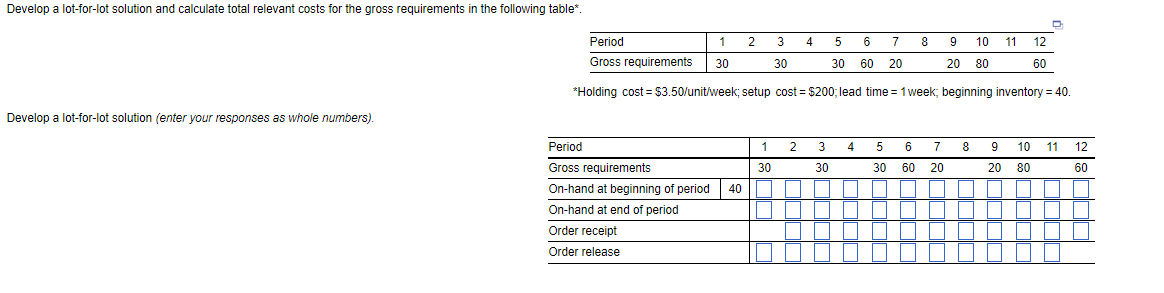  Question content area Part 1 Develop a lot-for-lot solution and calculate