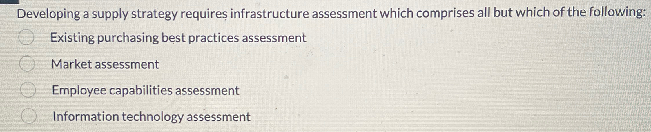  Developing a supply strategy requires infrastructure assessment which comprises all but