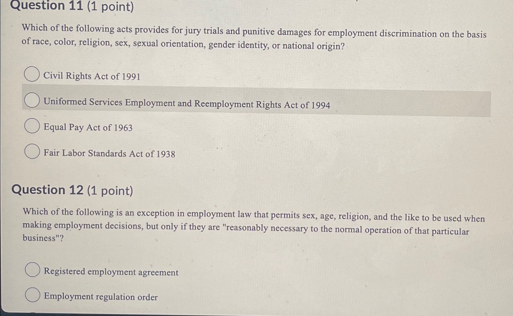  Question 11(1 point) Which of the following acts provides for jury
