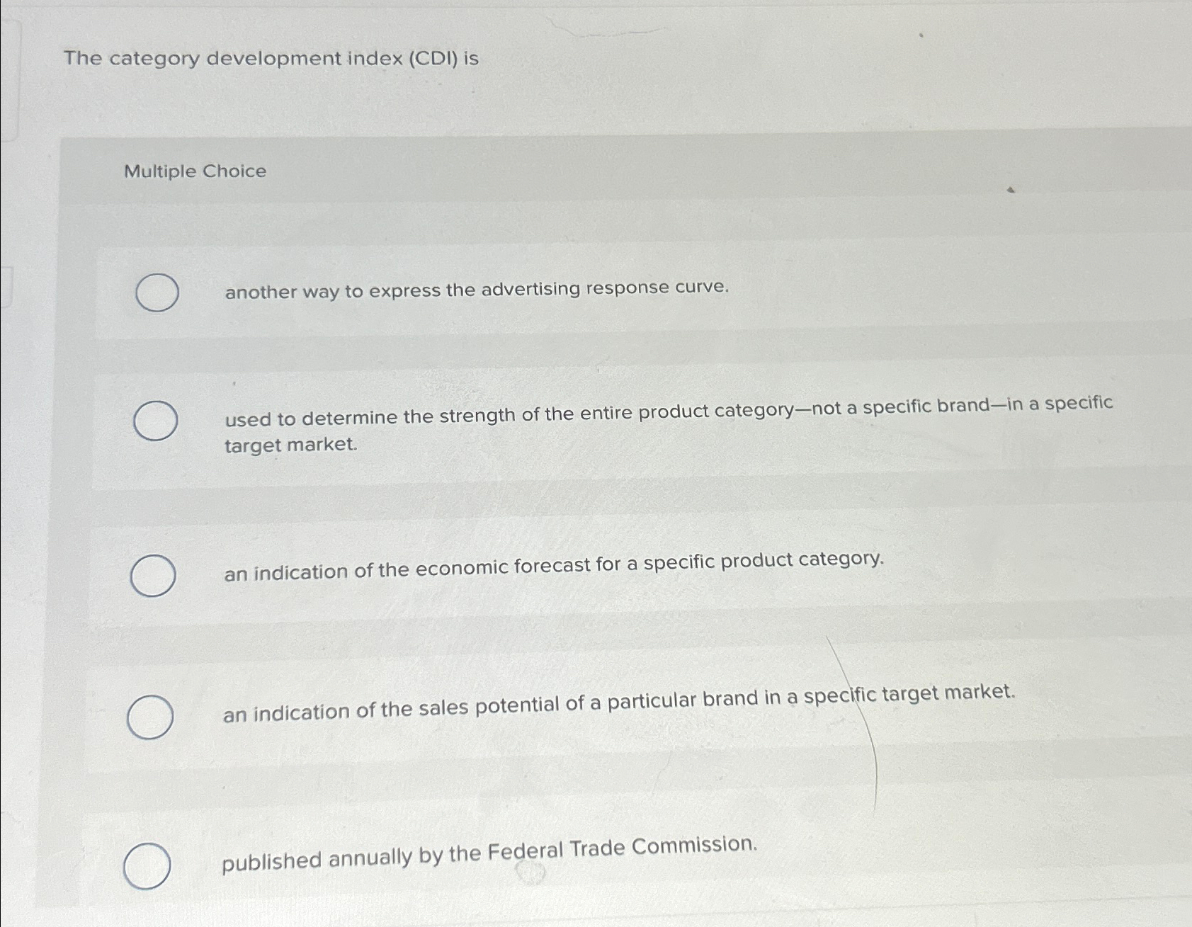  The category development index (CDI) is Multiple Choice another way to