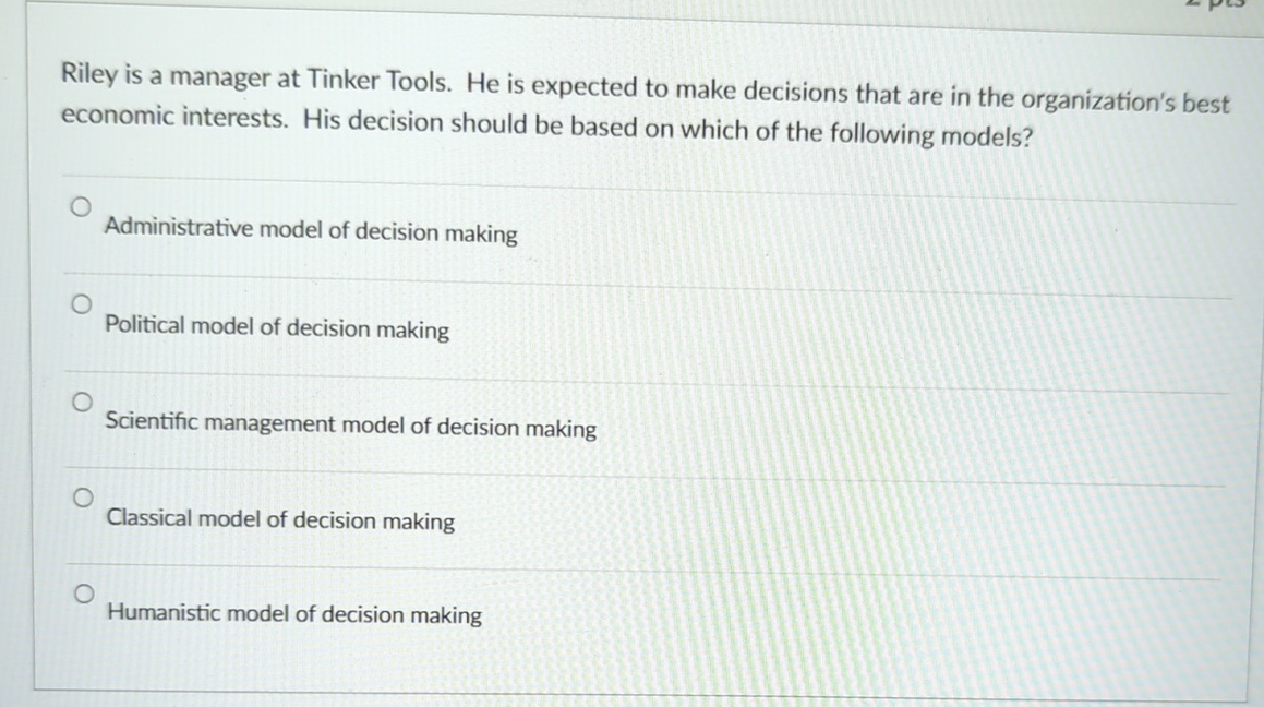  Riley is a manager at Tinker Tools. He is expected to