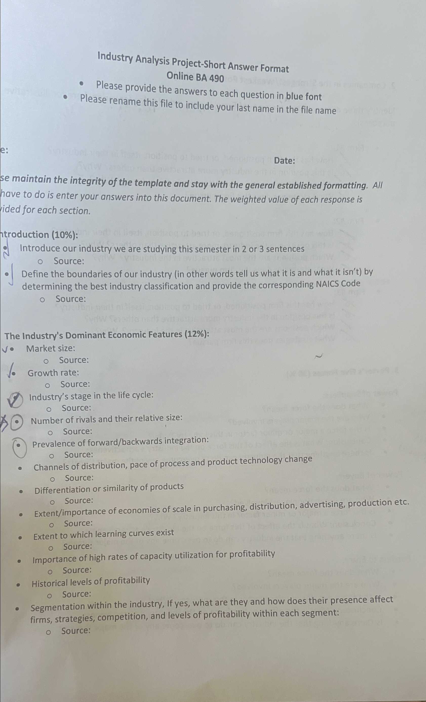  Industry Analysis Project-Short Answer Format Online BA 490 Please provide the